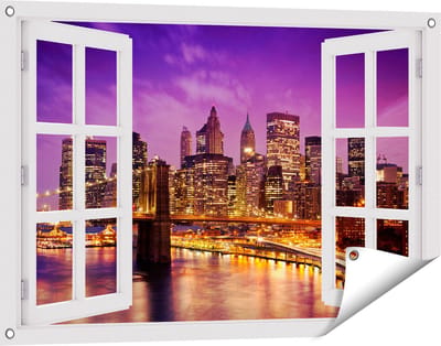 Gards Tuinposter Doorkijk Skyline New York van Centrum in het Paars - 90x60 cm - Tuindoek - Tuindecoratie - Wanddecoratie buiten - Tuinschilderij