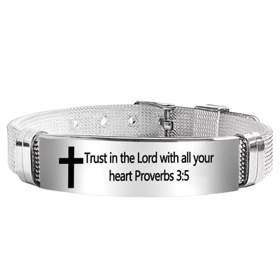 Christelijke Armband Unisex - Met Kruis & Bijbeltekst (Spreuken 3:5) - Zilverkleurig Siliconen & RVS - Verstelbaar & Stijlvol - Betekenisvol Geloof Cadeau