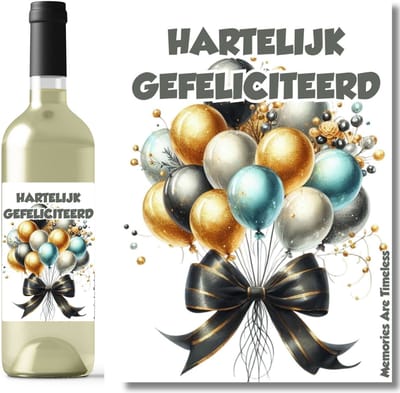 Wijnetiket Hartelijk Gefeliciteerd – Luxe Ballonnen Design (10,5 x 14,8 cm) - Cadeau Verjaardag Wijn