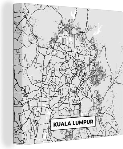 Canvas Schilderij Kaart - Kuala Lumpur - Stadskaart - Plattegrond - Zwart Wit - 20x20 cm - Wanddecoratie