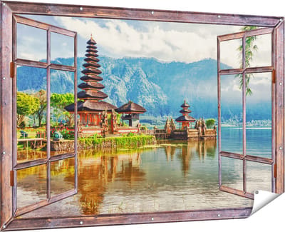 Gards Tuinposter Doorkijk Pura Tempel in Bali op het meer Beratan - 180x120 cm - Tuindoek - Tuindecoratie - Wanddecoratie buiten - Tuinschilderij