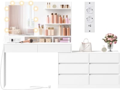 VASAGLE - Kaptafel - Make up Tafel - Kaptafel met Spiegel en LED-Verlichting - 8 Lades - 3 Planken - 3 Lichtkleuren