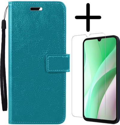 Hoesje Met Screenprotector - Geschikt voor Samsung Galaxy A15 - Luxe Pasjeshouder - Bookcase Portemonee - Flip Case - Kunstleer Book Case - Flipcase - Book Cover - Walletcase - Portemonneehoes - Turquoise