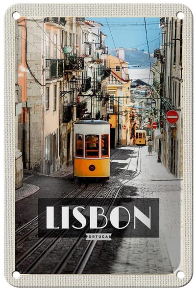 Blechschild Reise 12x18cm Lisbon Portugal Straßenbahn Dekoration