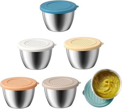 Set van 6 roestvrijstalen dipschaaltjes, mini-bakjes met deksel - 80 ml saladedressingbakjes voor sauzen, dips, snacks en kruiden (geschikt voor op reis)