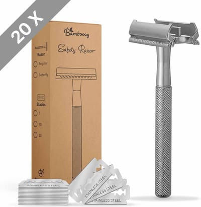 Bamboozy Safety Razor Vlindersluiting + 20 scheermesjes Mat Zilver Unisex vrouwen dames Double Edge Zero Waste Scheren