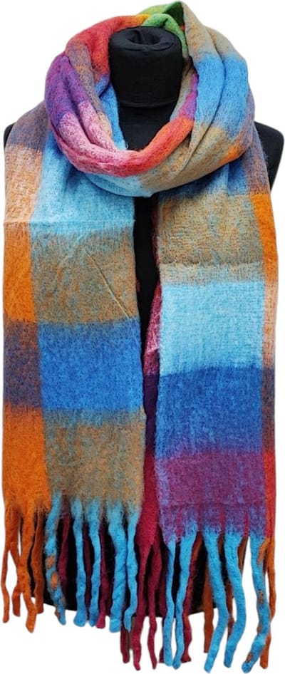 Lange Warme Sjaal - Geblokt - Oranje/Blauw - 240 x 44 cm (24112#)