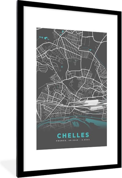 Fotolijst incl. Poster - Plattegrond – Kaart – Stadskaart – Frankrijk – Chelles - 80x120 cm - Posterlijst