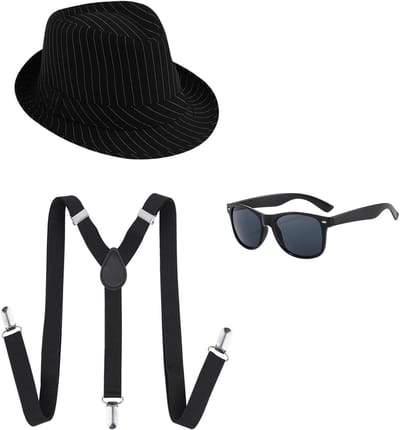 Gangster Kostuum voor Volwassenen met 3 Delen - 20s Accessoires zoals Zwarte Pinstripe Hoed, Braces en Zonnebril voor Mafia en Gatsby Themafeest 1920s Kleding