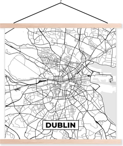 Posterhanger incl. Poster 40x40 cm - Schoolplaat - Kaart - Dublin - Stadskaart - Zwart Wit - Plattegrond - Textielposter - Blanke latten - Stadskaart