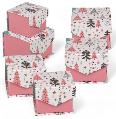 Dailygoods- Geschenkdozen met deksel - 6-delige set - Opklapbaar - Dennendesign - Roze/mint - 11 x 10,8 x 8,6 cm / 8 x 7,9 x 6,1 cm - Cadeaudozen