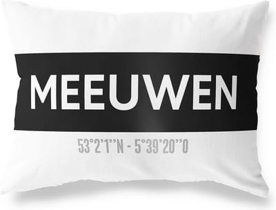 Tuinkussen MEEUWEN - NOORD-BRABANT met coördinaten - Buitenkussen - Bootkussen - Weerbestendig - Jouw Plaats - Studio216 - Modern - Zwart-Wit - 50x30cm