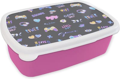 Broodtrommel Roze - Lunchbox - Brooddoos - Meisjes - Gaming - Console - Patronen - Girl - Kids - Kinderen - Kindje - 18x12x6 cm - Kinderen - Meisje