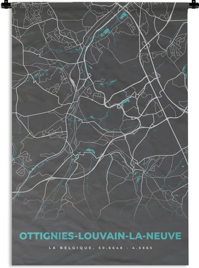 Wandkleed - Wanddoek - België – Ottignies Louvain la Neuve – Stadskaart – Kaart – Blauw – Plattegrond - 120x180 cm - Wandtapijt