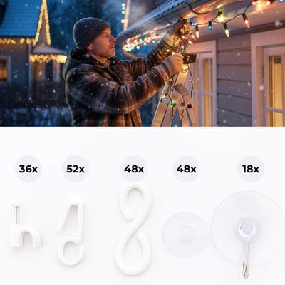 Lomera Bevestigingsset Kerstverlichting - Kerstverlichting Ophangen - 202-Delige Set - S-Haken Groot - S-Haken Klein - Zuignappen met Haken - Clips met Spijkers - Binnen en Buiten Gebruik - Kerstversiering Bevestigen - Praktische Bevestigingsset