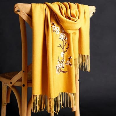 N3 Collecties Winter Warme Effen Sjaal Voor Vrouwen Zachte Wollen Pashmina Sjaals Bloem Borduurwerk Kasjmier ~ Geel