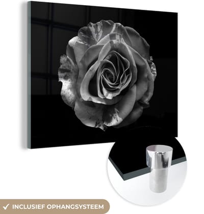 MuchoWow® Glasschilderij 160x120 cm - Schilderij acrylglas - Bloemen - Roos - Zwart - Wit - Botanisch - Foto op glas - Schilderijen