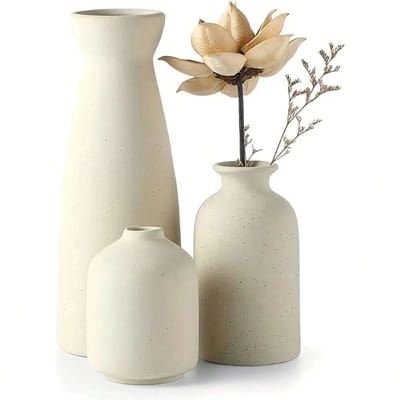 Stervia Vazen Keramiek - Vazen Set Van 3 - Rond - Boho Stijl - 100% Keramiek - Beige - Verschillende Afmetingen