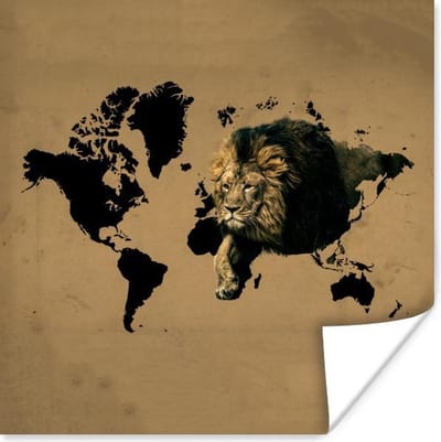 Poster 30x30 cm - Wereldkaart - Leeuw - Bruin - Posters - Kamer decoratie - Wanddecoratie woonkamer - Muurdecoratie slaapkamer