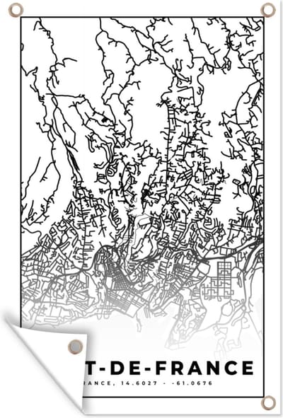 Muurdecoratie Kaart - Plattegrond - Frankrijk - Fort-de-France - Stadskaart - Zwart wit - 120x180 cm - Tuinposter - Tuindoek