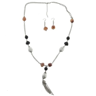 Behave - Set ketting oorbellen - Zilverkleur bruin zwart boho lang