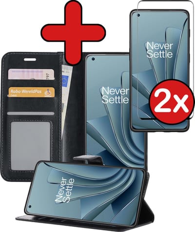 Hoesje - Met 2x Screenprotector - Geschikt voor OnePlus 10 Pro - Luxe Pasjeshouder - Flip Case - Bookcase Portemonee - Kunstleer Book Case - Flipcase Hoes - Book Cover - Walletcase - Portemonneehoes - Telefoonhoes - Zwart