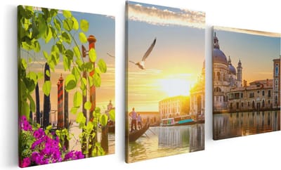 Artaza Canvas Schilderij Drieluik Kanaal in Venetië met Bloemen - 120x60 - Foto Op Canvas - Canvas Print