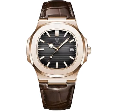 Poedagar - Leren Band - Polshorloge - Heren - Horloge - Horlogedoos - Mannen - Rosé & Zwart - Polsband Bruin