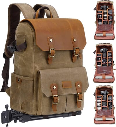 Waterbestendige waxed canvas cameratas - Ruime rugzak voor fotografen, khaki, 13" L x 8.5" W x 18" H