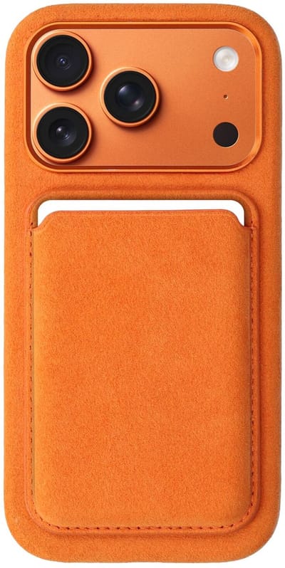 Rosso Avanti Hoesje Geschikt voor Apple iPhone 17 Pro met Magnetische Kaarthouder | Compatibel met MagSafe / Qi2 | Echt Italiaans Alcantara | Back Cover en Wallet | Oranje