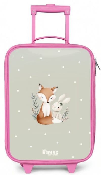 NoBoringSuitcases.com® - Kinderkoffer roze - Kindertrolley meisje - Vos en konijn omringd door groene blaadjes en stippen - Koffer kind lichtgewicht - Reiskoffer trolley voor kinderen - Koffertje met lichtgevende wieltjes - Rolkoffer