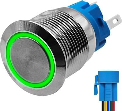 ProRide Metalen Drukschakelaar 220V ON-OFF - 19mm - Aan/uit schakelaar met Aansluitkabel - Spatwaterdicht - LED Indicatie Groen