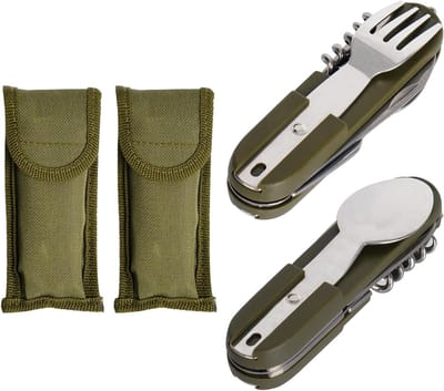 2-delige Outdoor Reisetui Bestekset, 7-in-1 Afneembaar RVS Bestek voor Kamperen, Hiking en Picknick, Inclusief Opbergtas