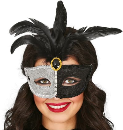 Fiestas Guirca Verkleed oogmasker Venitiaans - zwart/zilver met veren - volwassenen - Carnaval/gemaskerd bal