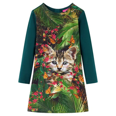 vidaXL-Kinderjurk-met-lange-mouwen-kattenprint-104-donkergroen