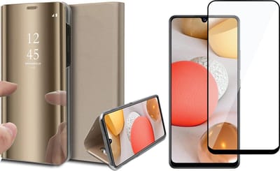 Hoesje geschikt voor Samsung Galaxy A42 - Screen Protector FullGuard - Book Case Spiegel Goud & Screenprotector