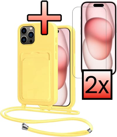 Hoes Geschikt voor iPhone 14 Pro Hoesje Pasjeshouder Cover Met Koord Case Siliconen Hoes Met Telefoonkoord en Kaarthouder Met 2x Screenprotector - Geel