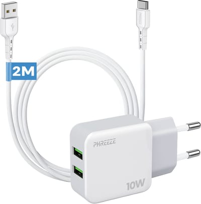 Usb lader 2 poorten - Dubbele usb adapter - Met usb C naar usb A kabel - 2m oplaadkabel - 10w oplader voor telefoon tablet koptelefoon accessoires