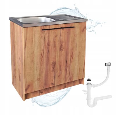 STAMAR - Keukenkast 80 cm - Onderkast met Dubbele spoelbak + sifon - Eiken Goud