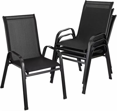 Tuinstoelen Set van 4 – Stapelbare Stoelen met Hoge Rugleuning – Stalen Frame en Teslin Zitting – Zwart – Voor Tuin, Balkon en Camping