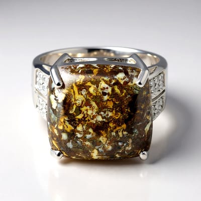 Cavill - Zilveren Ring met 12,27ct Dinosauruskwarts en 24 Zirkonen - 925 Sterling Zilver - Antieke Kussencabochon - Elegante Natuurlijke Ring