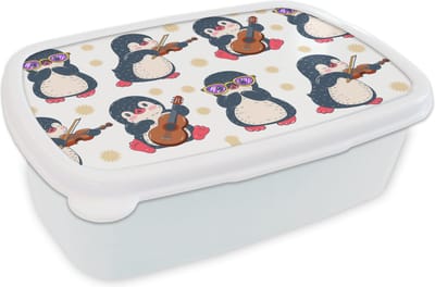 Broodtrommel Wit - Lunchbox - Brooddoos - Pinguïn - Muziek - Gitaar - Kinderen - Patroon - 18x12x6 cm - Volwassenen