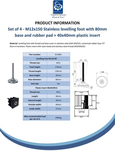 Roestvrijstalen voet M12x150 met voetplaat van 80 mm, voorzien van rubberen pad + inzetstuk 40x40x1,5 mm - Set van 4