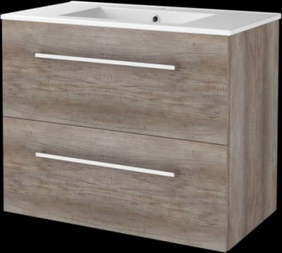 Basic Start 46 badmeubelset met wastafelonderkast met grepen, 2 lades en porseleinen wastafel met 1 kraangat 80 x 46 cm, scotch oak