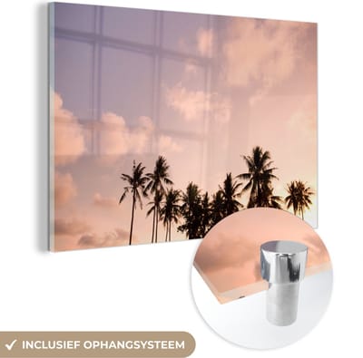 MuchoWow® Glasschilderij 150x100 cm - Schilderij acrylglas - Pastel - Lucht - Palmboom - Foto op glas - Schilderijen