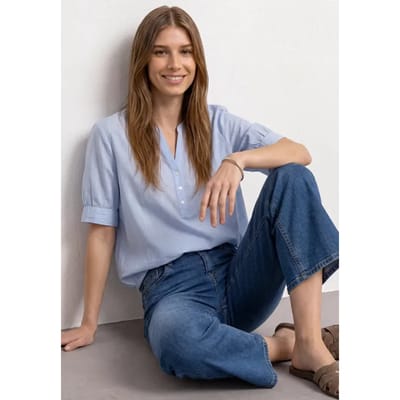 Chambray-blouse met split in de hals en elastische zoom
