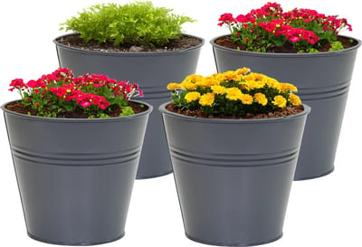 Mega Collections plantenpot/bloempot Bob - 4x - zink - antraciet - D13 X H12 cm