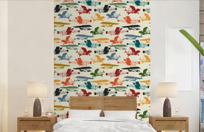 Behang - Fotobehang Patronen - Vliegtuig - Retro - Jongens - Kinderen - Kids - Jongetje - Breedte 140 cm x hoogte 220 cm