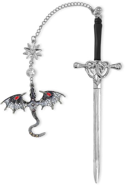 Dailygoods - Drakenbladwijzer - Vintage metalen zwaardbladwijzer met kwastje, gotische boekenmarker voor lezers, perfect cadeau voor boekenliefhebbers, studenten en docenten (grijs)