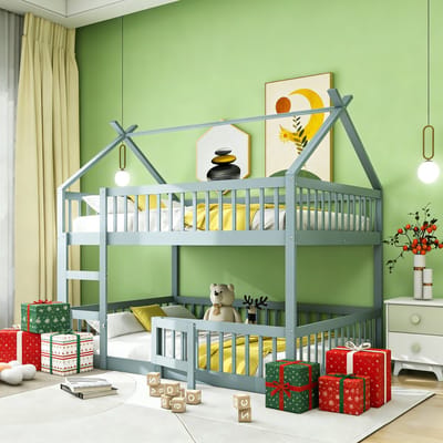 MODFU Luxe Huisbed / Stapelbed (140x200) - Boomhutbed met Montessori Vloerbed & Deurtje - Massief Hout - Grijs